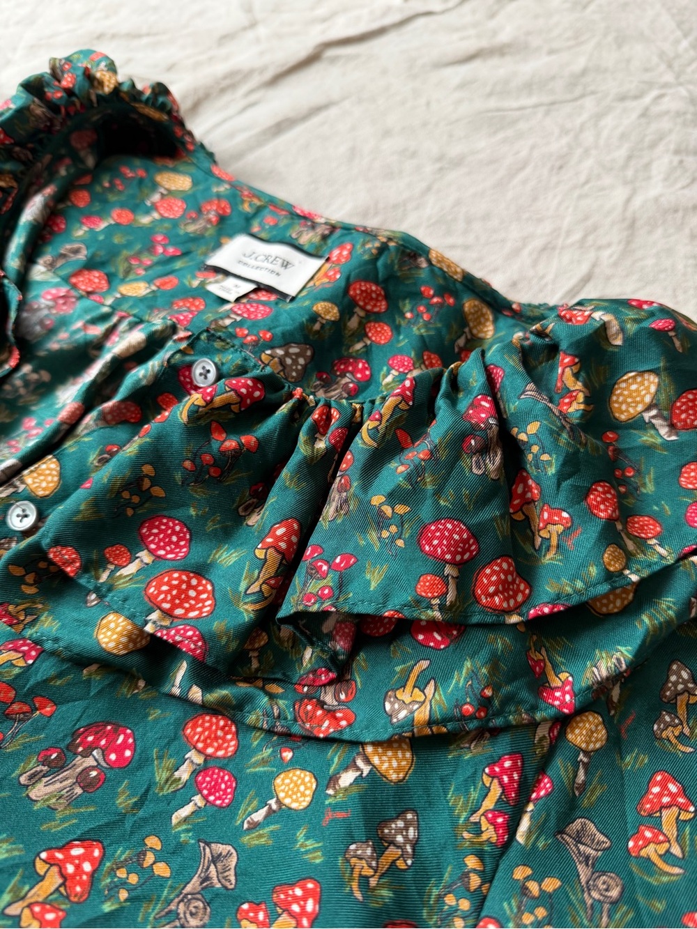 J. Crew collection 100% silk Forest Green Floral Ruffle-Trim mushroom Blouse - Picture 7 of 11